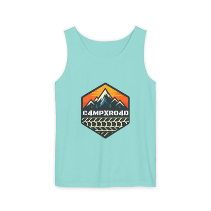 C4MPXRO4D Hexa Shield Camper Badge Tank Top | Graphic camping text tee