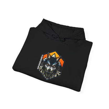 C4MPXRO4D Wolf Shield Camper Badge Hoodie | Black streetwear graphic sweatshirt