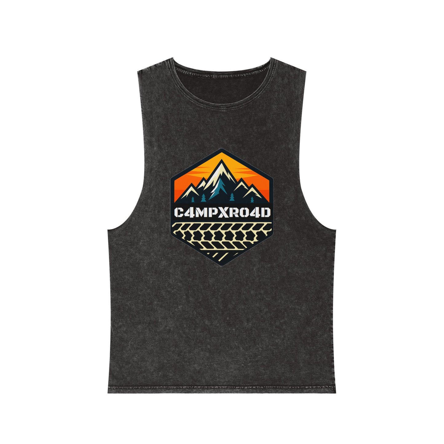 C4MPXRO4D Hexa Shield Camper Badge Tank Top | stonewash black, retro stencil logo