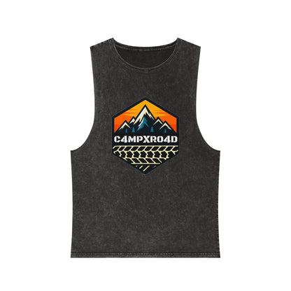 C4MPXRO4D Hexa Shield Camper Badge Tank Top | stonewash black, retro stencil logo
