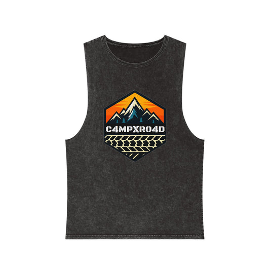 C4MPXRO4D Hexa Shield Camper Badge Tank Top | stonewash black, retro stencil logo