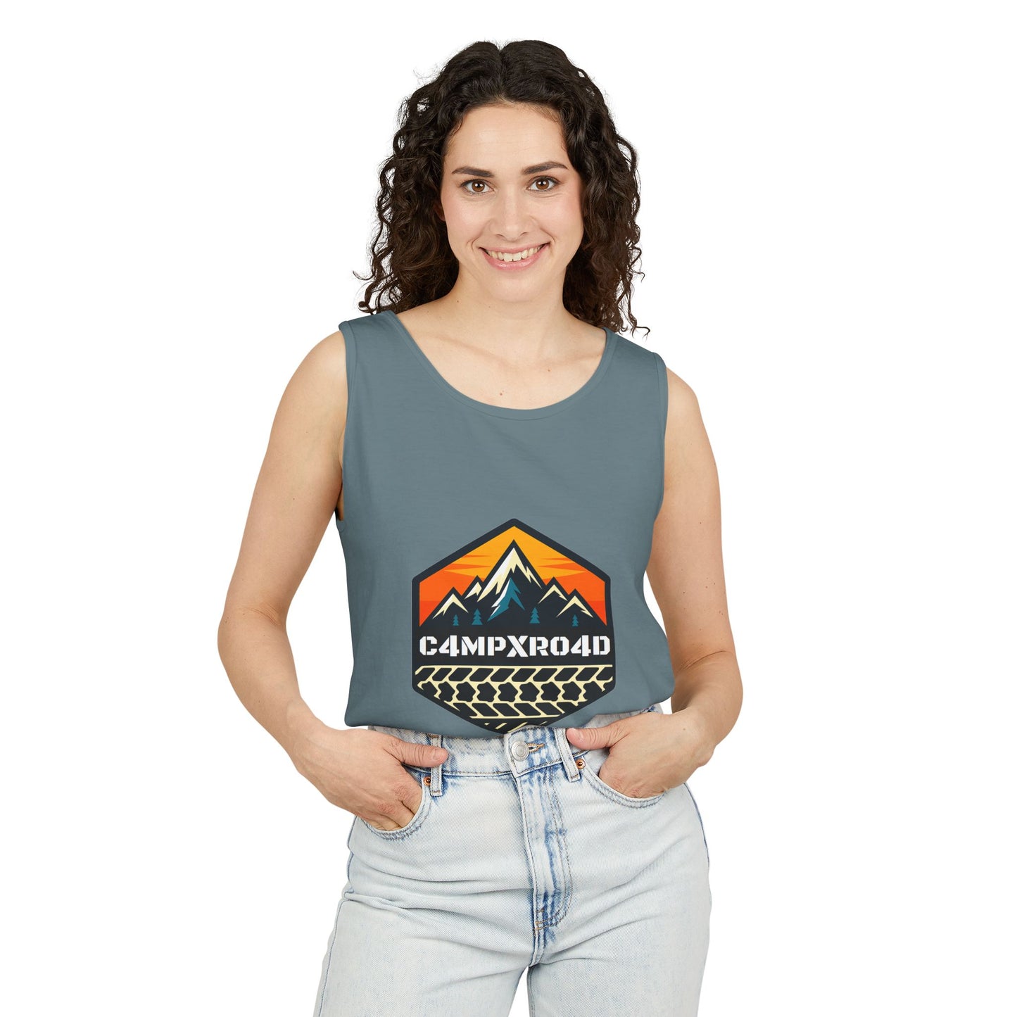 C4MPXRO4D Hexa Shield Camper Badge Tank Top | Graphic camping text tee