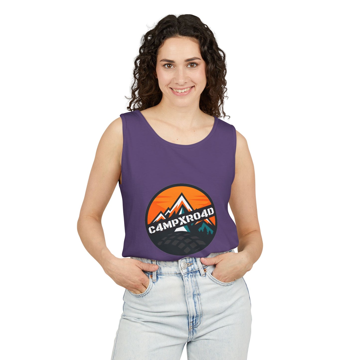 C4MPXRO4D Rounded Shield Camper Badge Tank Top | Graphic camping text tee