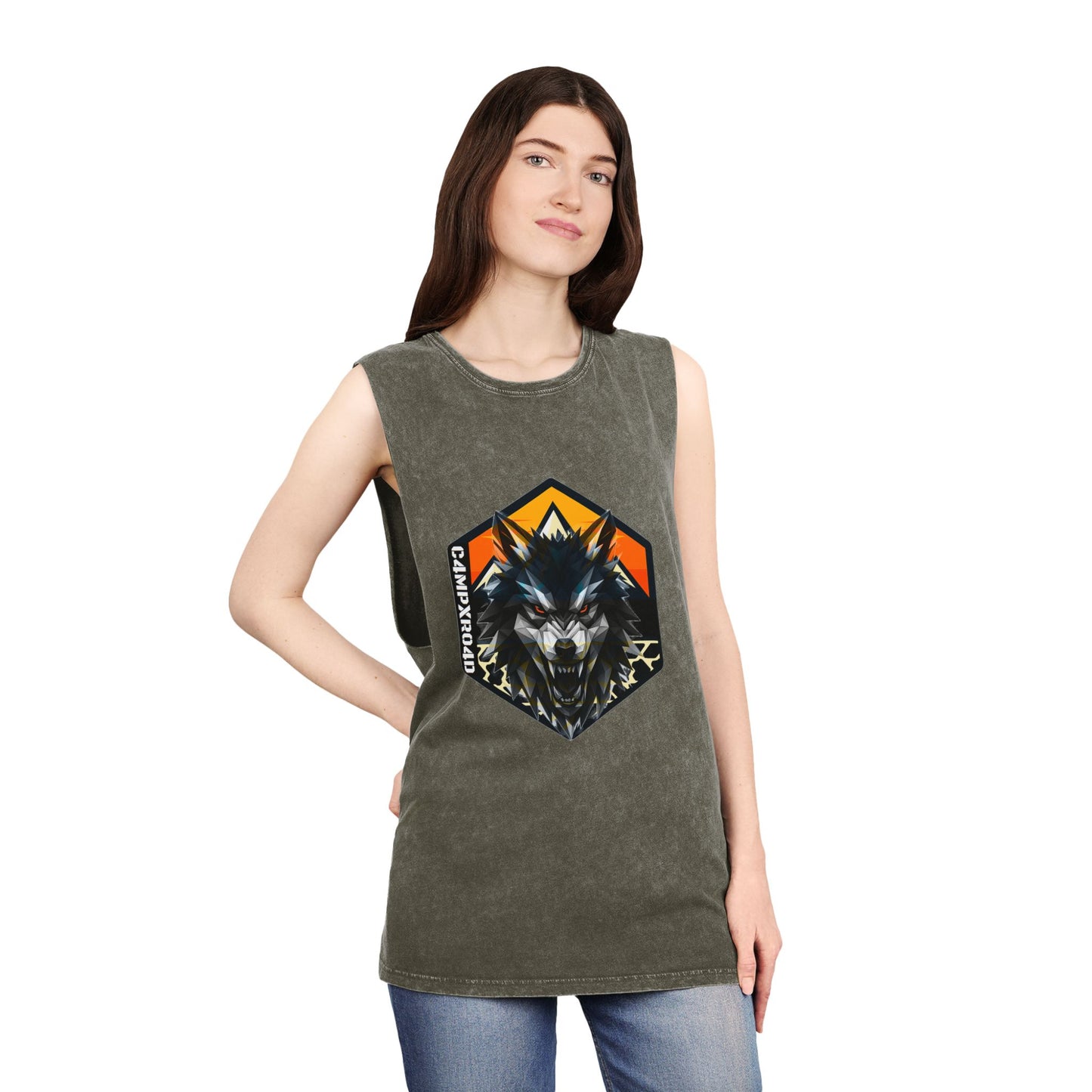 C4MPXRO4D Wolf Shield Camper Badge Tank Top | stonewash black, retro stencil logo