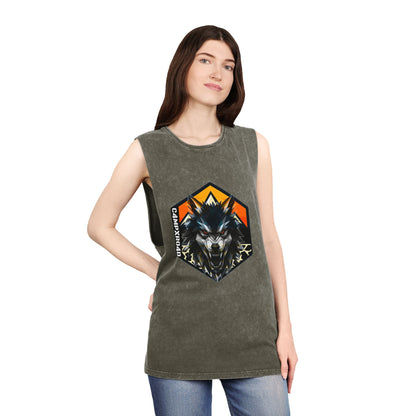 C4MPXRO4D Wolf Shield Camper Badge Tank Top | stonewash black, retro stencil logo