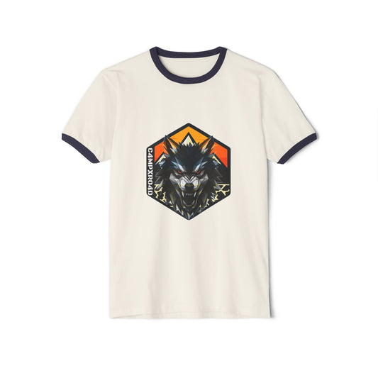 C4MPXRO4D Wolf Shield Camper Badge T-Shirt | ringer style