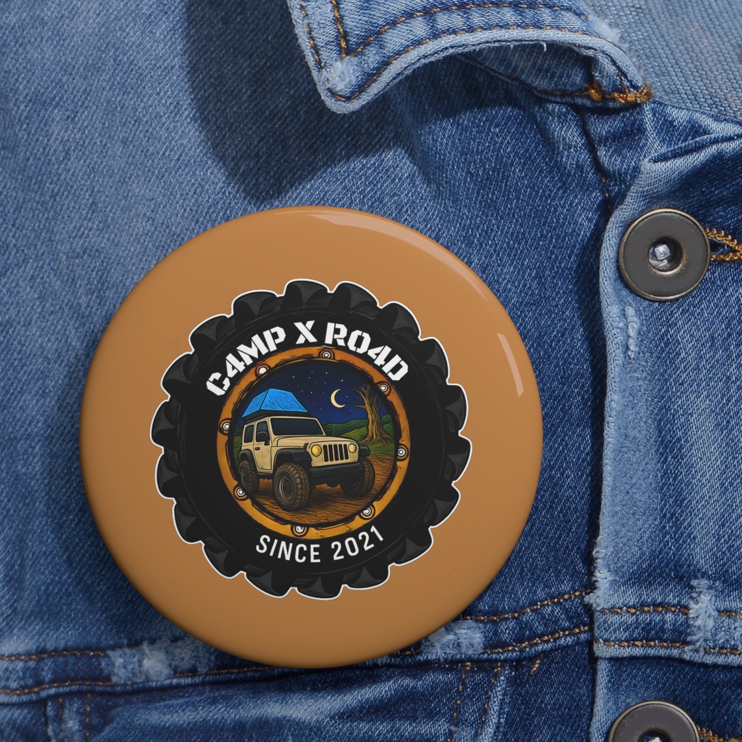 C4MPXRO4D Camper Badge Pin Button | Custom Round Badge, Black Logo Button