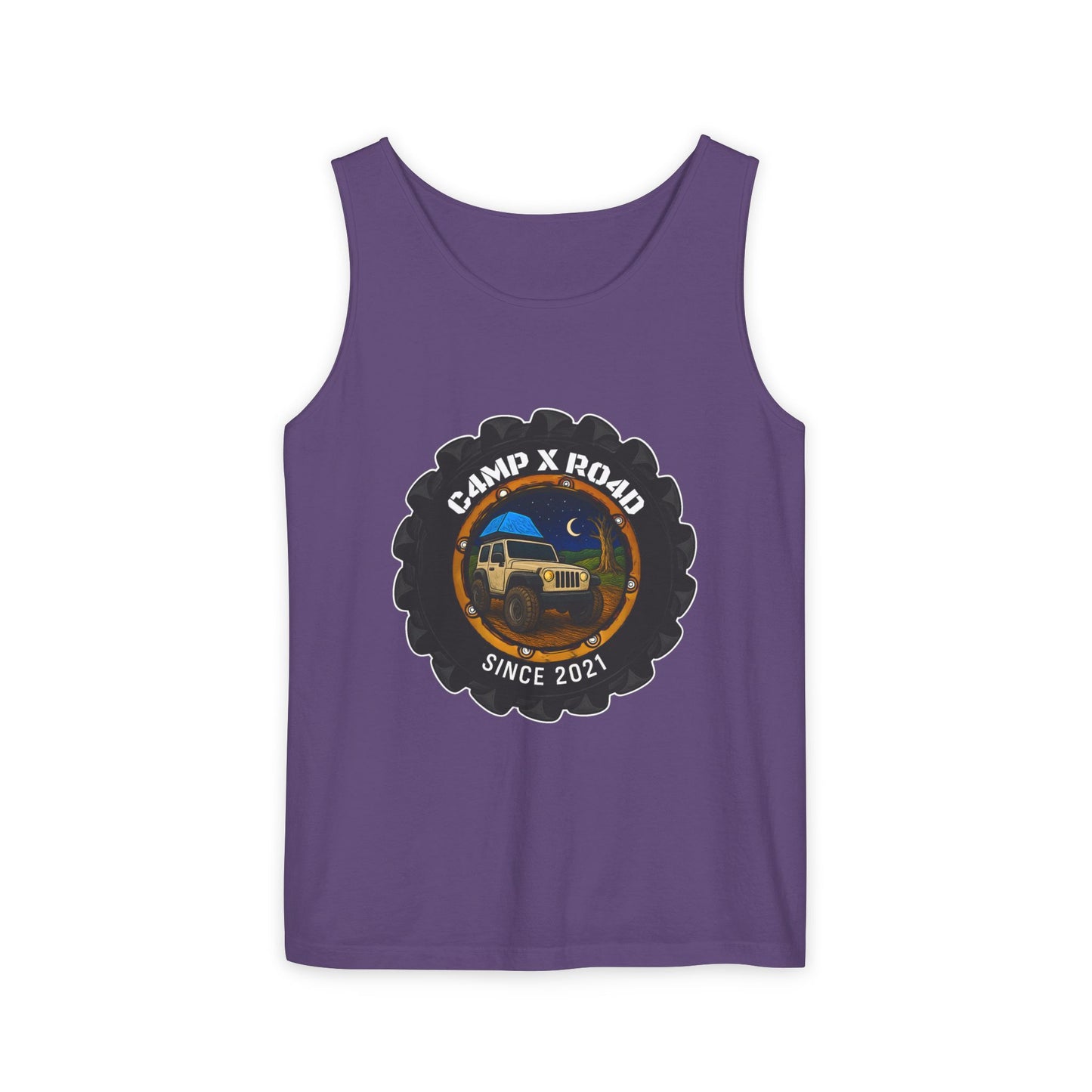 C4MPXRO4D Camper Badge Tank Top | Graphic camping text tee