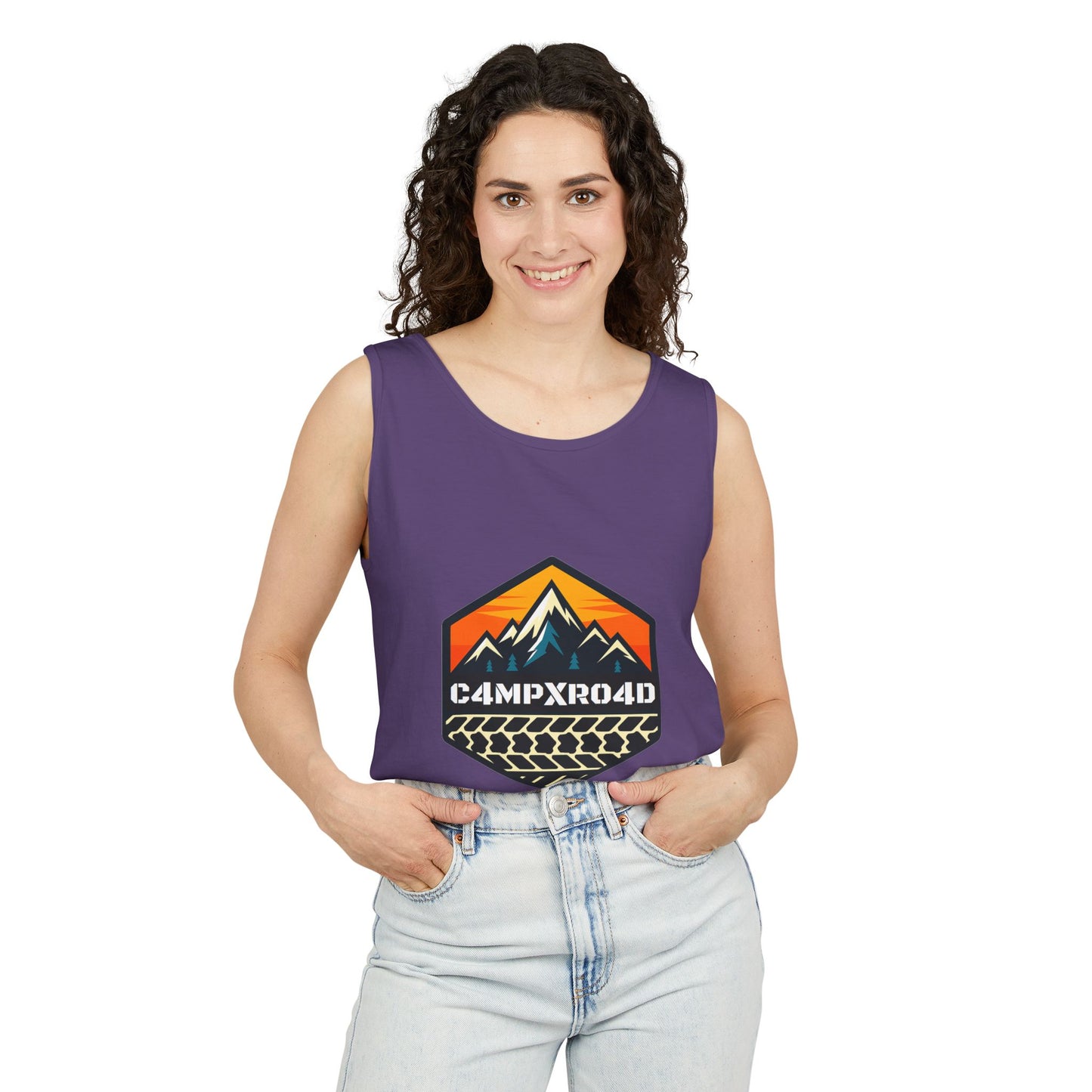 C4MPXRO4D Hexa Shield Camper Badge Tank Top | Graphic camping text tee