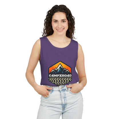 C4MPXRO4D Hexa Shield Camper Badge Tank Top | Graphic camping text tee