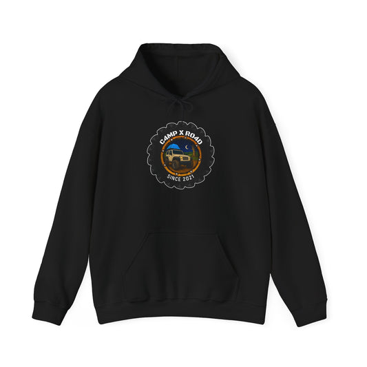 C4MPXRO4D Camper Badge Hoodie | Black streetwear graphic sweatshirt