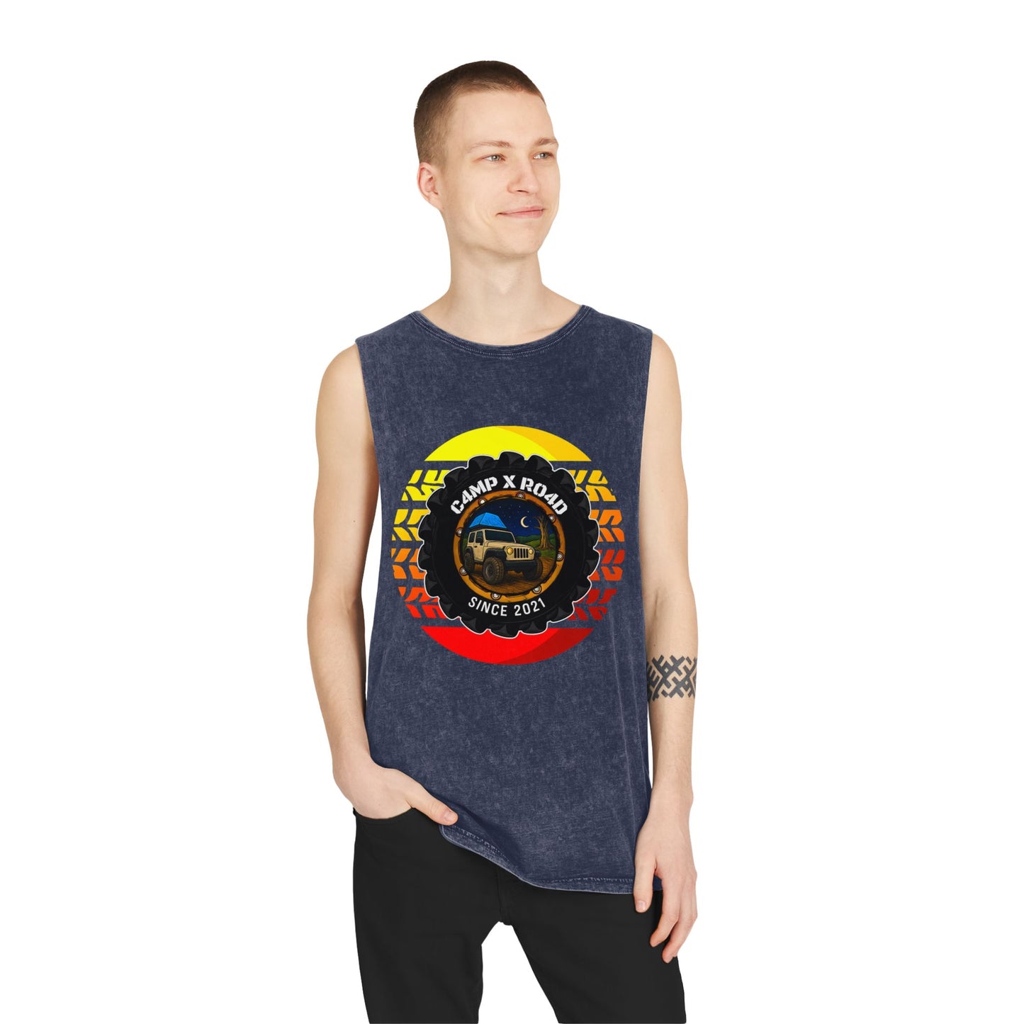 C4MPXRO4D Summer Camper Badge Tank Top | stonewash black, retro stencil logo