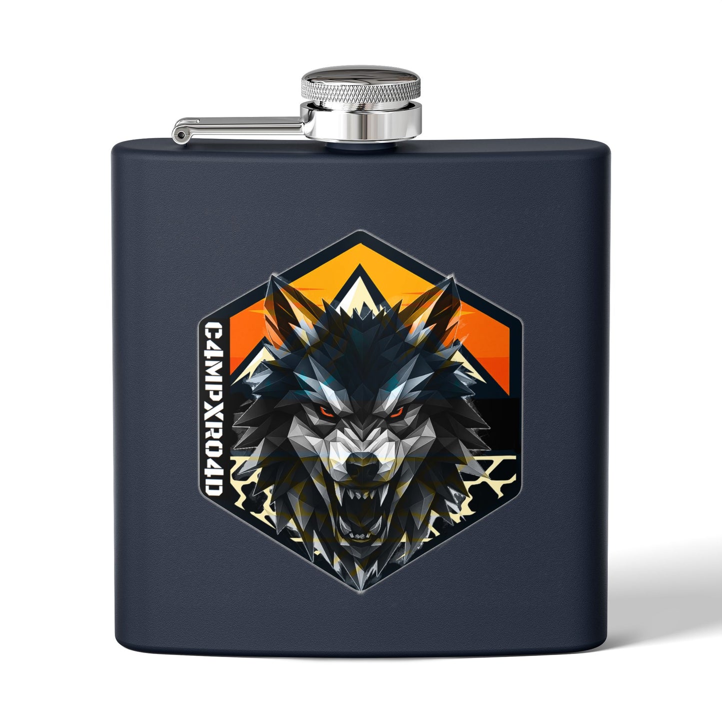 C4MPXRO4D Wolf Shield Camper Badge Flask