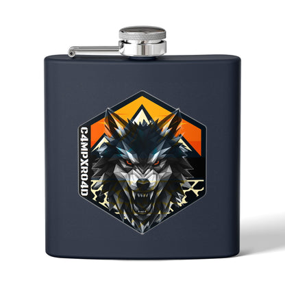 C4MPXRO4D Wolf Shield Camper Badge Flask