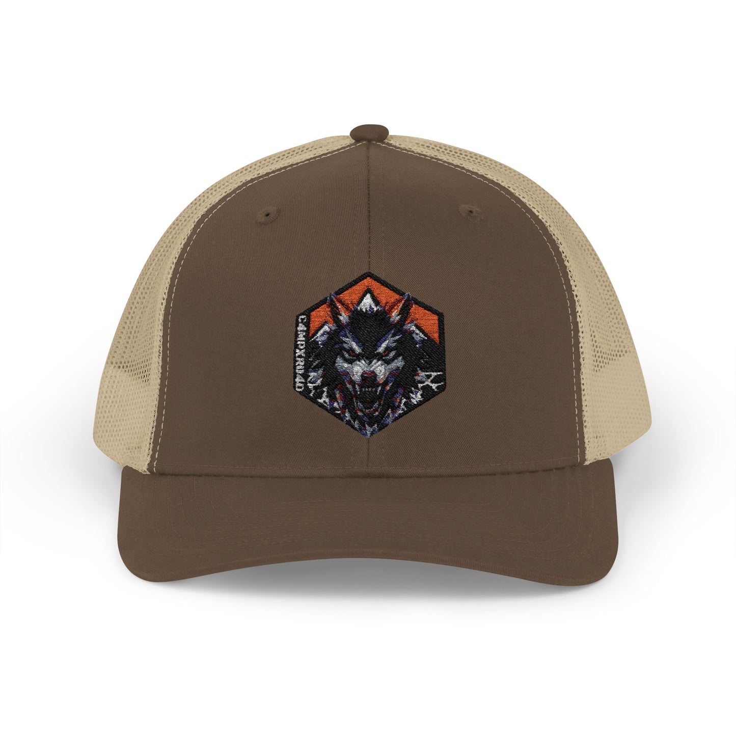 C4MPXRO4D Wolf Shield Camper Badge Cap | Trucker Snapback Mesh Hat