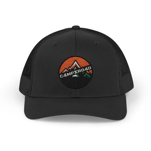 C4MPXRO4D Rounded Shield Camper Badge Cap | Trucker Snapback Mesh Hat