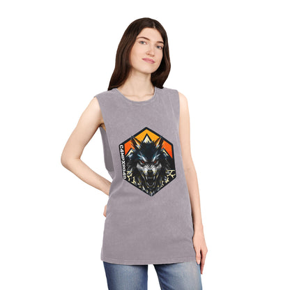 C4MPXRO4D Wolf Shield Camper Badge Tank Top | stonewash black, retro stencil logo