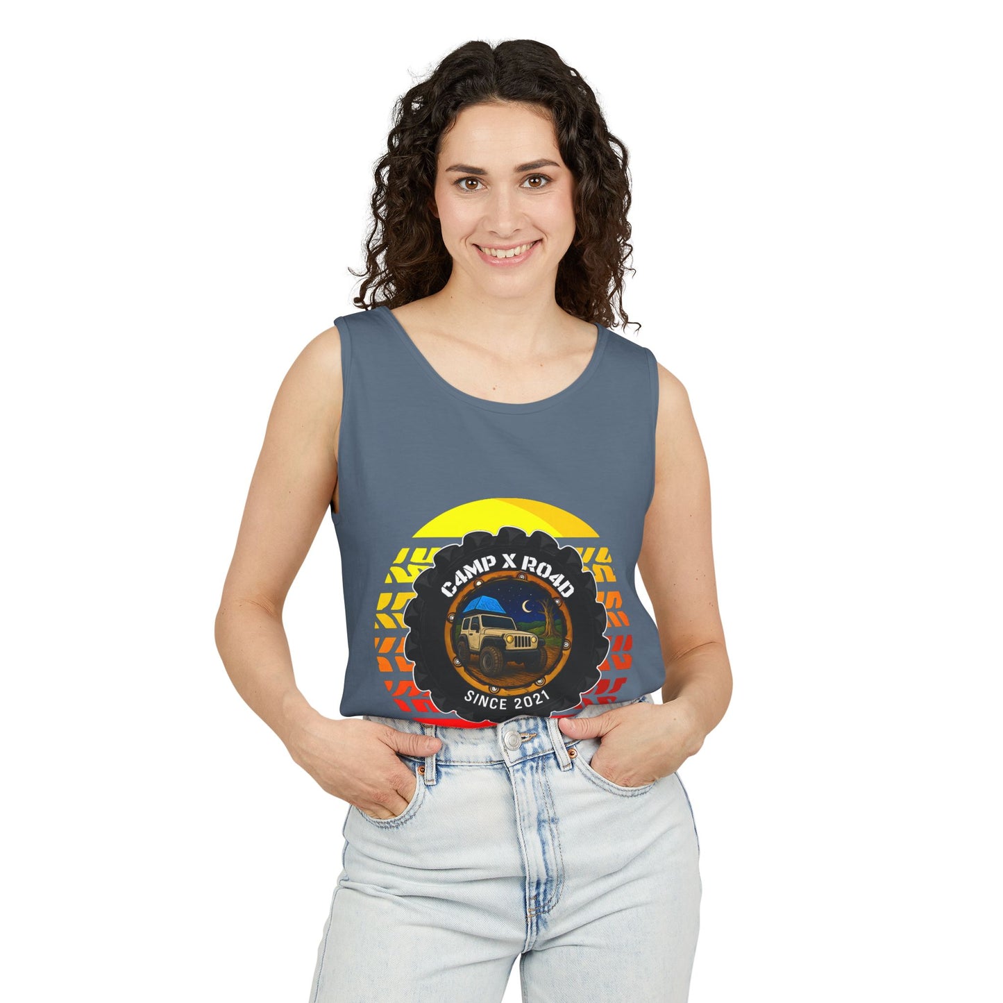 C4MPXRO4D Summer Camper Badge Tank Top | Graphic camping text tee