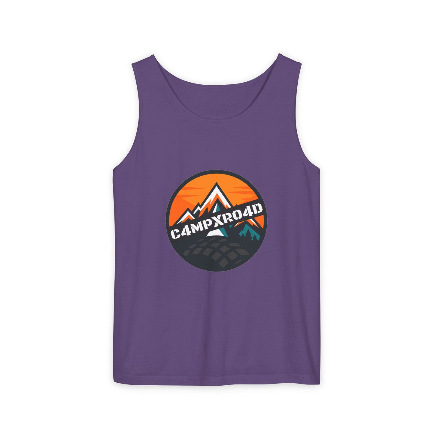 C4MPXRO4D Rounded Shield Camper Badge Tank Top | Graphic camping text tee