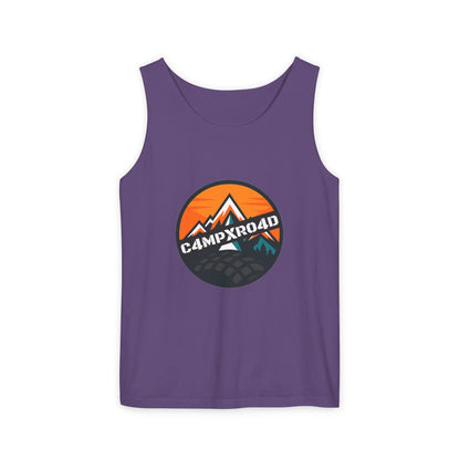 C4MPXRO4D Rounded Shield Camper Badge Tank Top | Graphic camping text tee