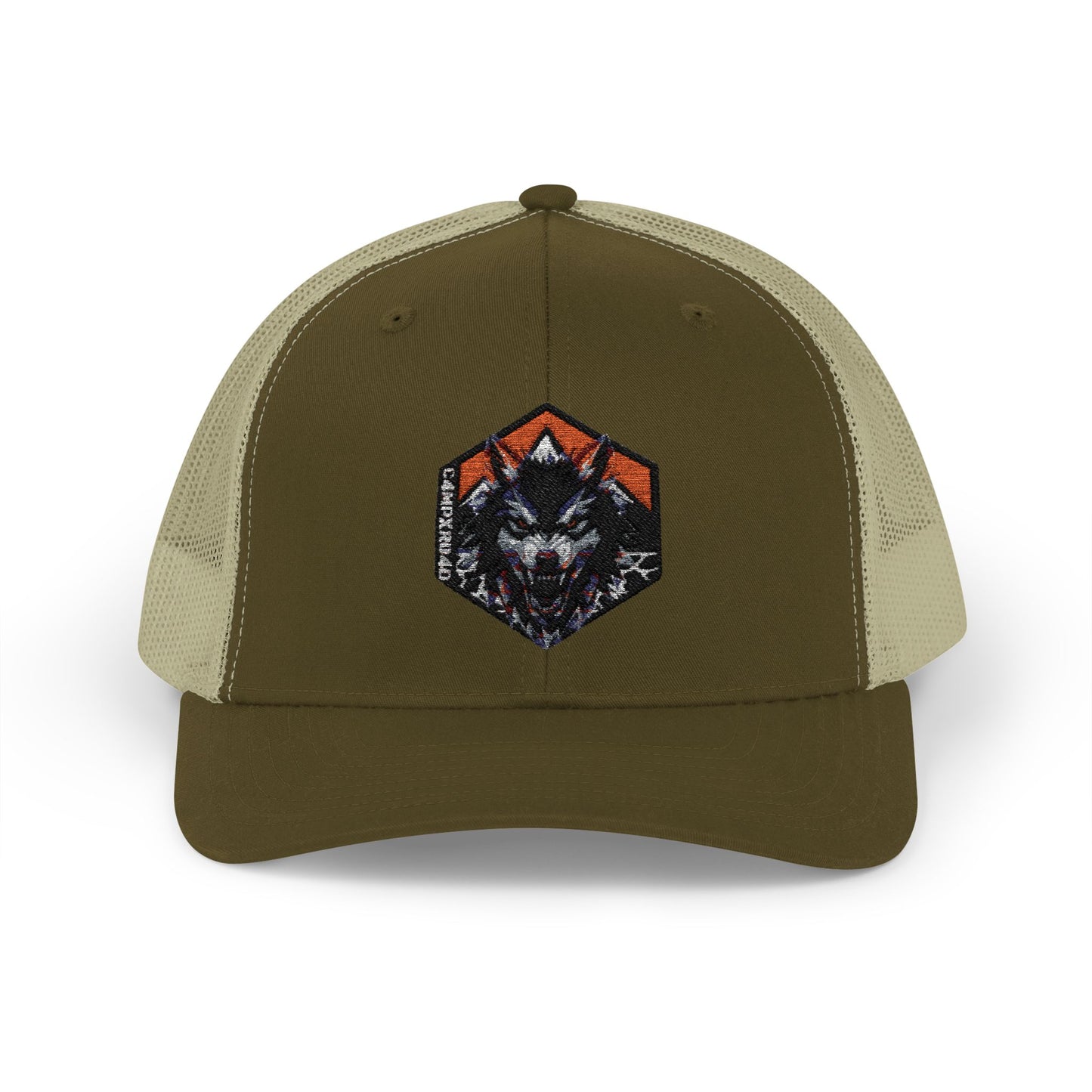 C4MPXRO4D Wolf Shield Camper Badge Cap | Trucker Snapback Mesh Hat