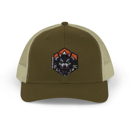 C4MPXRO4D Wolf Shield Camper Badge Cap | Trucker Snapback Mesh Hat