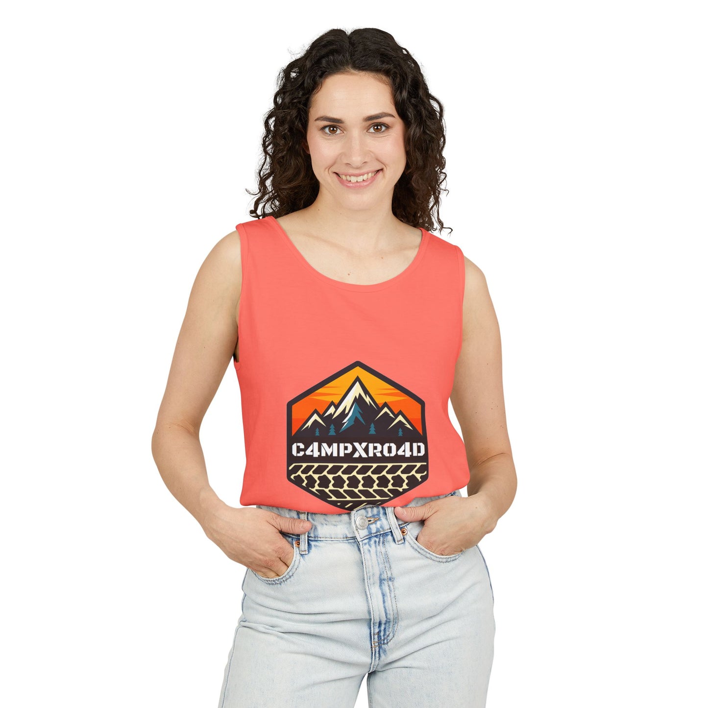 C4MPXRO4D Hexa Shield Camper Badge Tank Top | Graphic camping text tee
