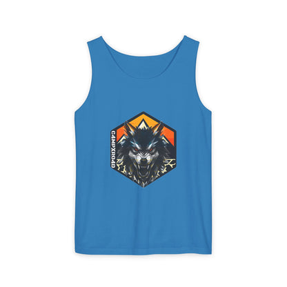 C4MPXRO4D Wolf Shield Camper Badge Tank Top | Graphic camping text tee