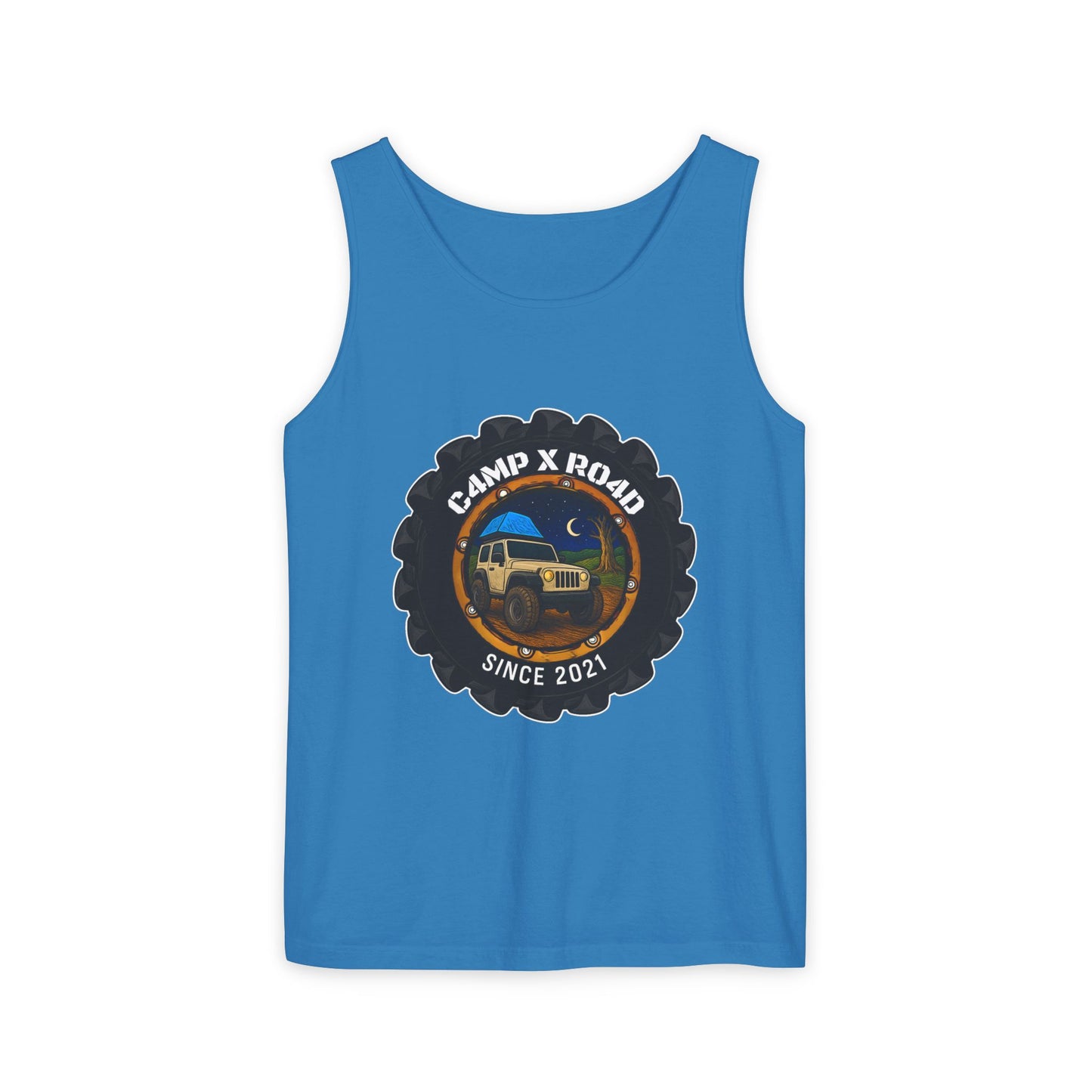 C4MPXRO4D Camper Badge Tank Top | Graphic camping text tee