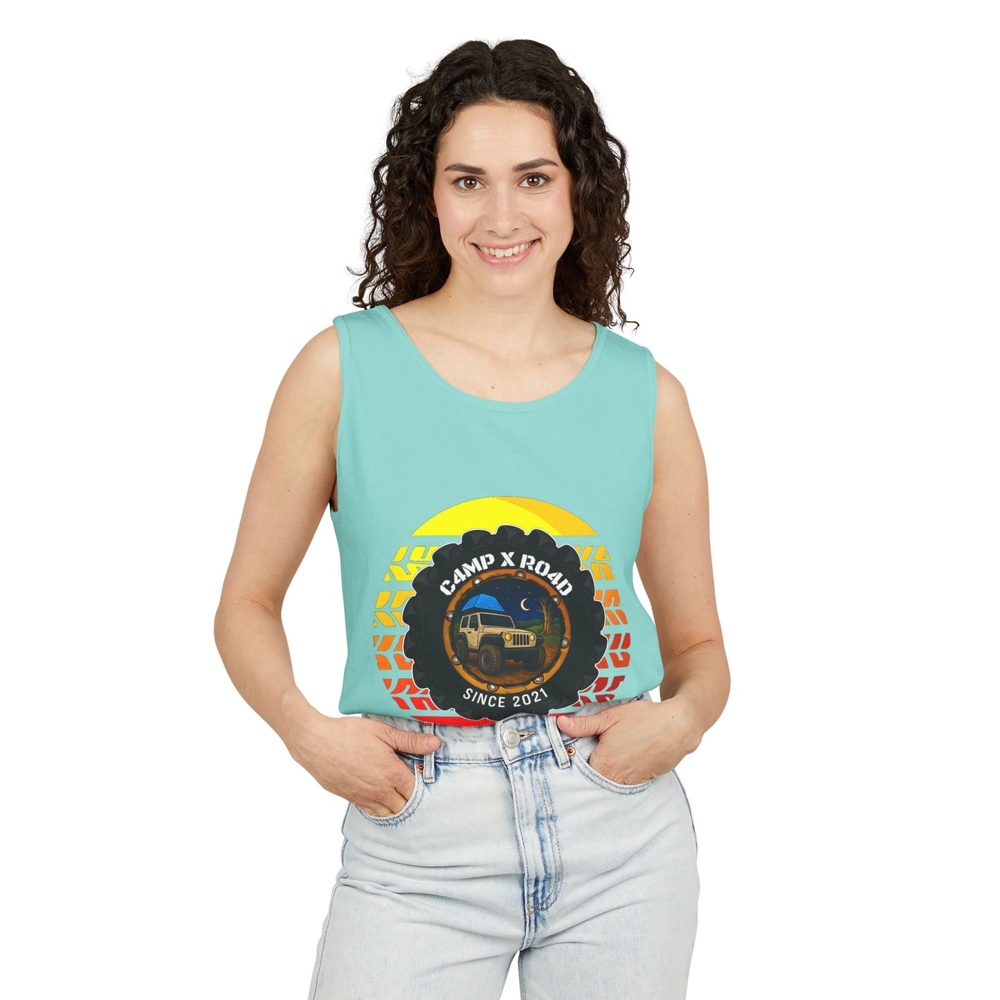 C4MPXRO4D Summer Camper Badge Tank Top | Graphic camping text tee