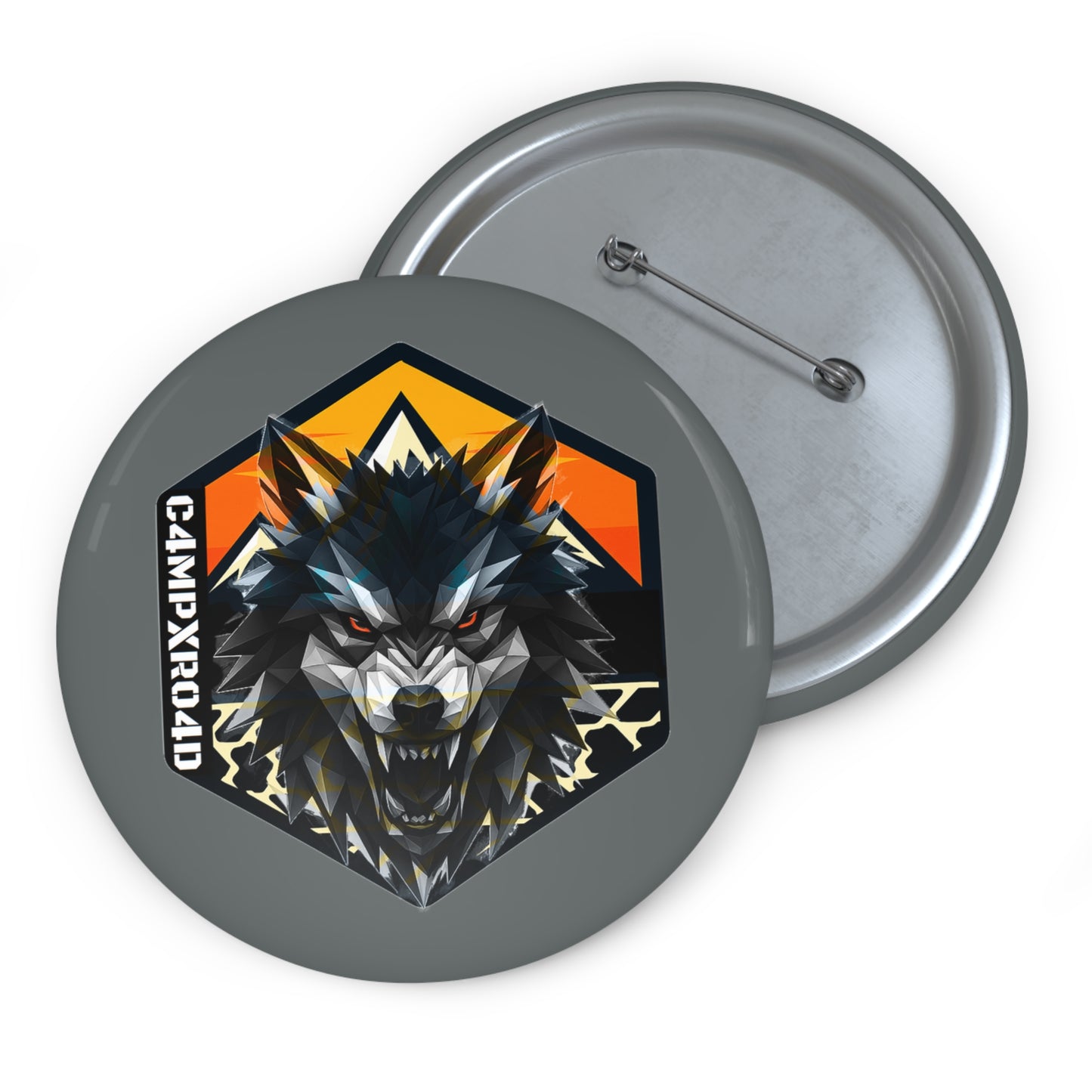 C4MPXRO4D Wolf Shield Camper Badge Pin Button | Custom Round Badge, Black Logo Button