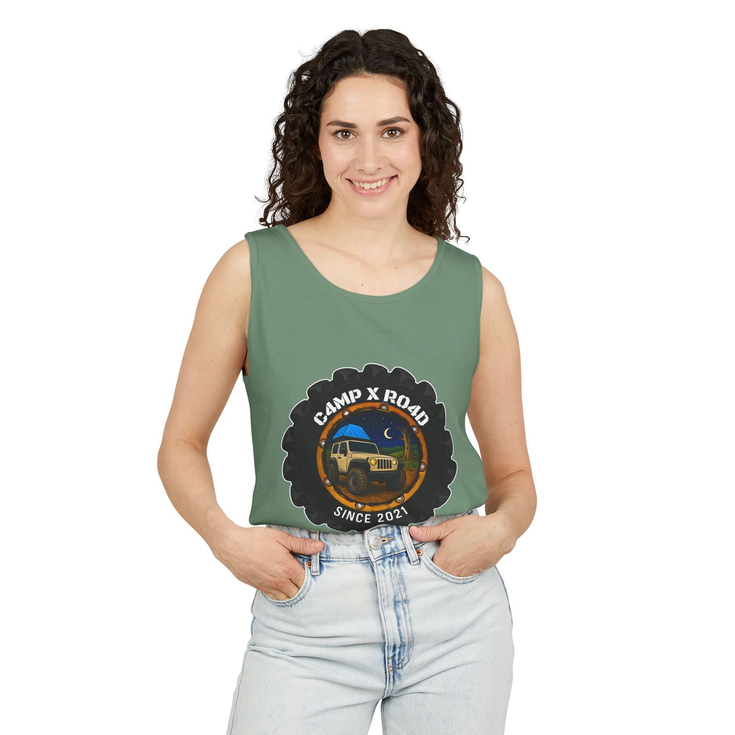 C4MPXRO4D Camper Badge Tank Top | Graphic camping text tee