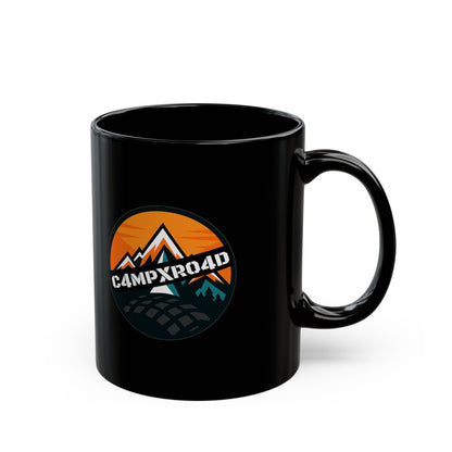 C4MPXRO4D Rounded Shield Camper Badge Mug | Black Ceramic Coffee Mug