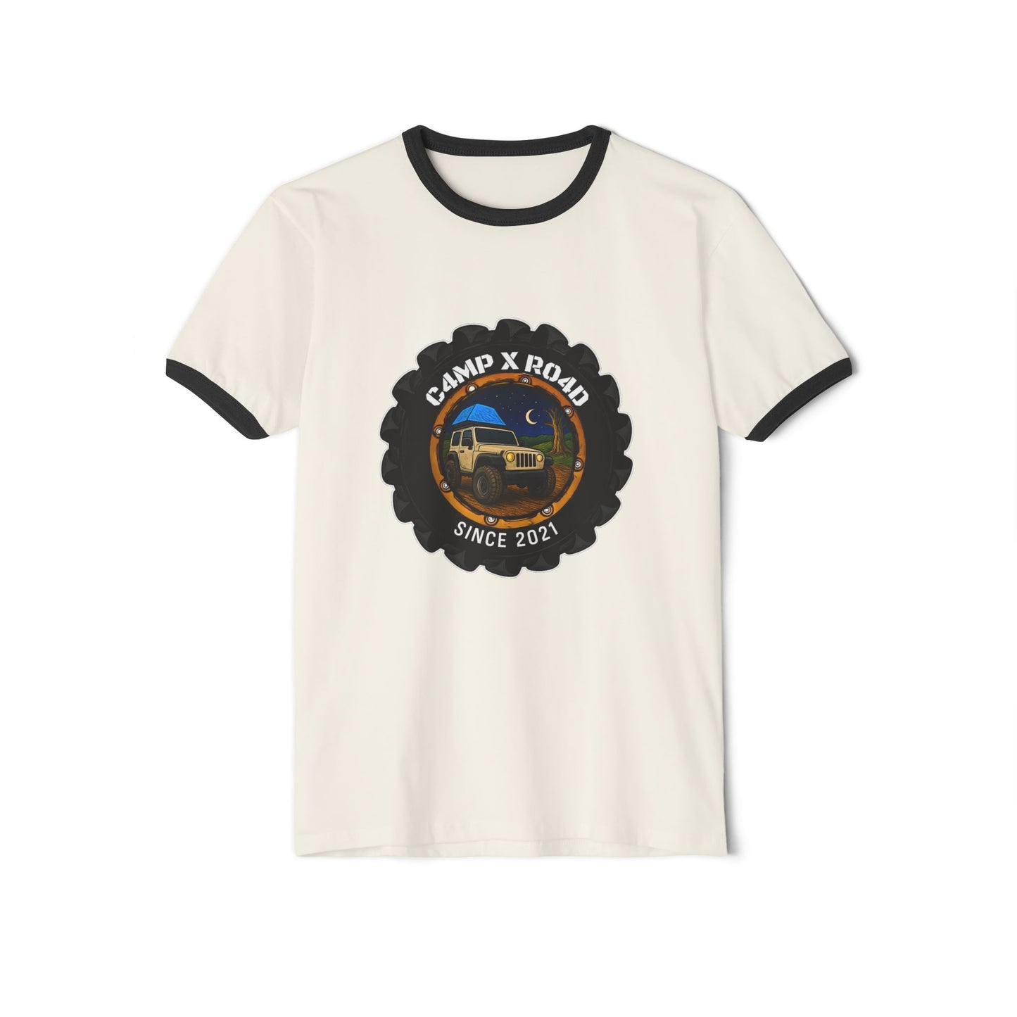 C4MPXRO4D Camper Badge T-Shirt | ringer style
