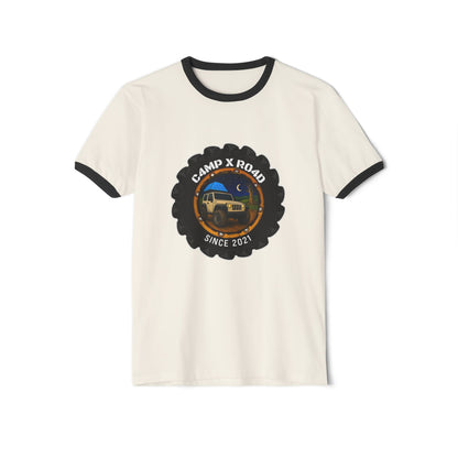 C4MPXRO4D Camper Badge T-Shirt | ringer style