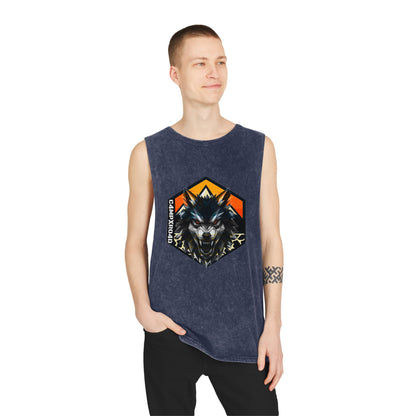 C4MPXRO4D Wolf Shield Camper Badge Tank Top | stonewash black, retro stencil logo