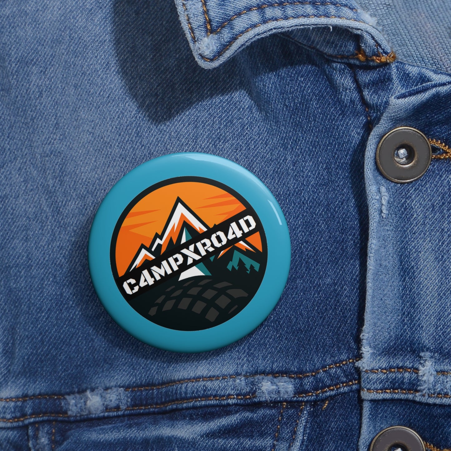 C4MPXRO4D Rounded Shield Camper Badge Pin Button | Custom Round Badge, Black Logo Button