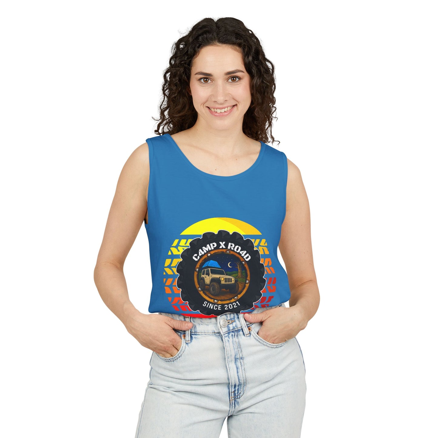 C4MPXRO4D Summer Camper Badge Tank Top | Graphic camping text tee