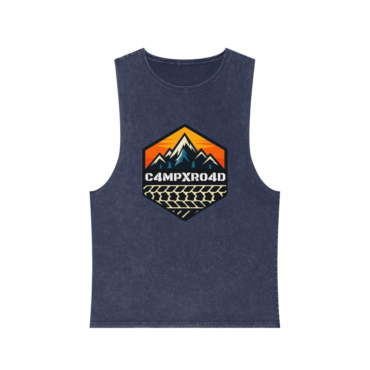 C4MPXRO4D Hexa Shield Camper Badge Tank Top | stonewash black, retro stencil logo