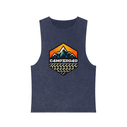 C4MPXRO4D Hexa Shield Camper Badge Tank Top | stonewash black, retro stencil logo