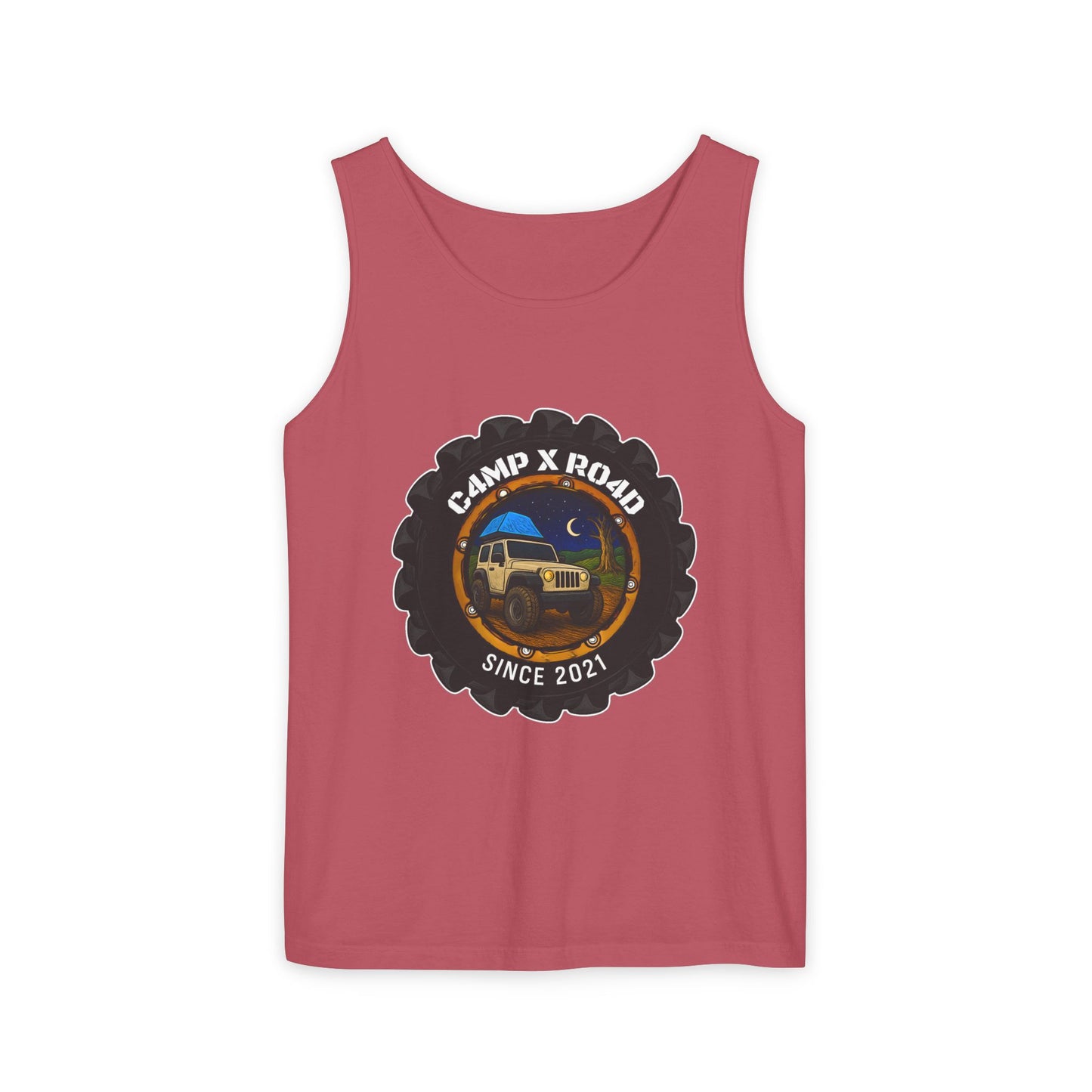 C4MPXRO4D Camper Badge Tank Top | Graphic camping text tee