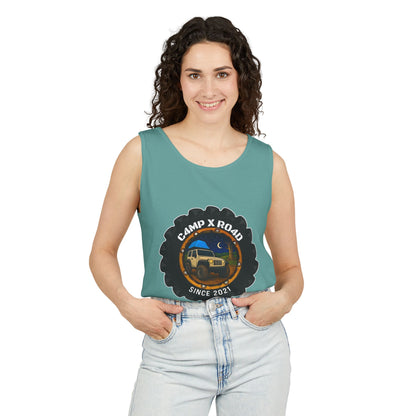 C4MPXRO4D Camper Badge Tank Top | Graphic camping text tee