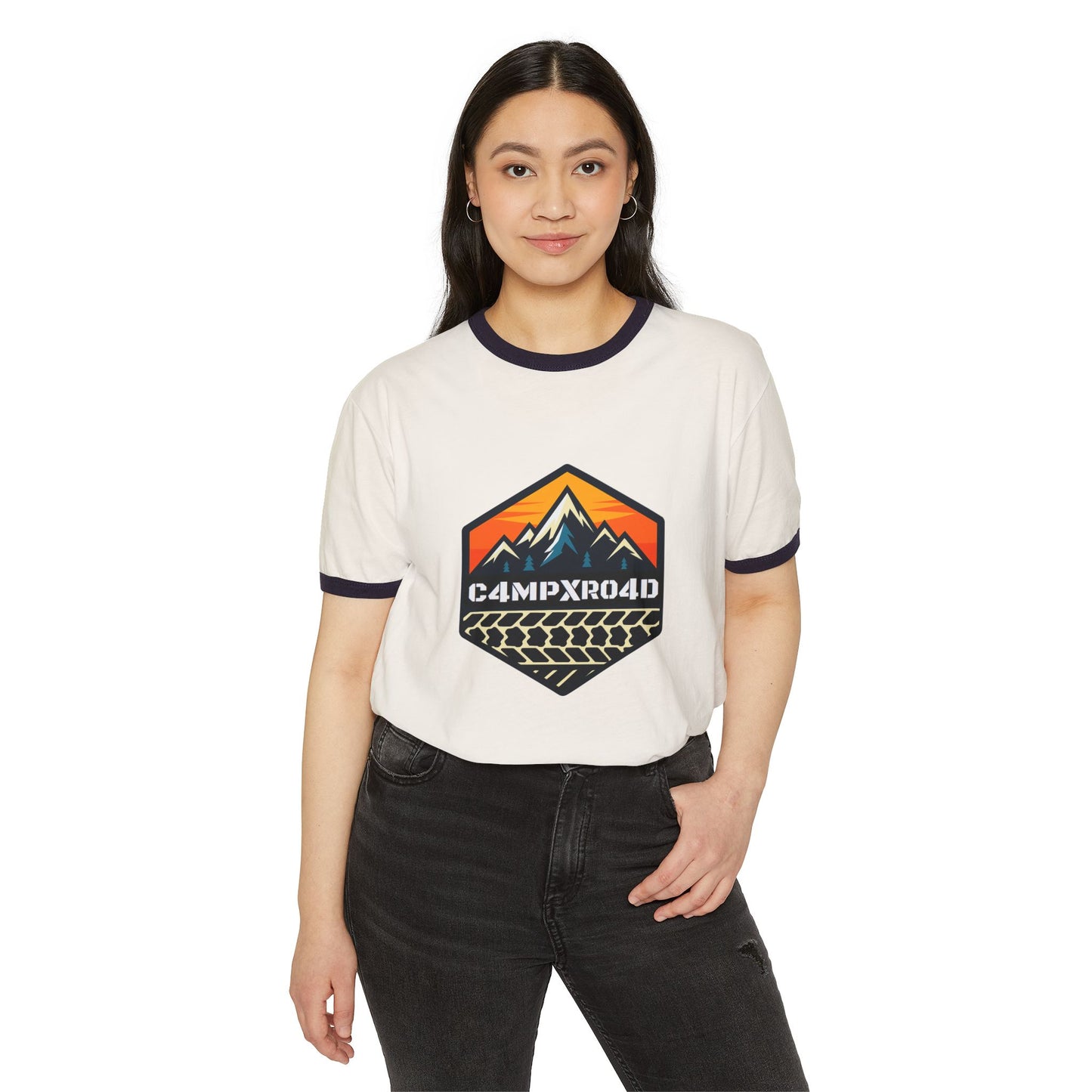 C4MPXRO4D Hexa Shield Camper Badge T-Shirt | ringer style