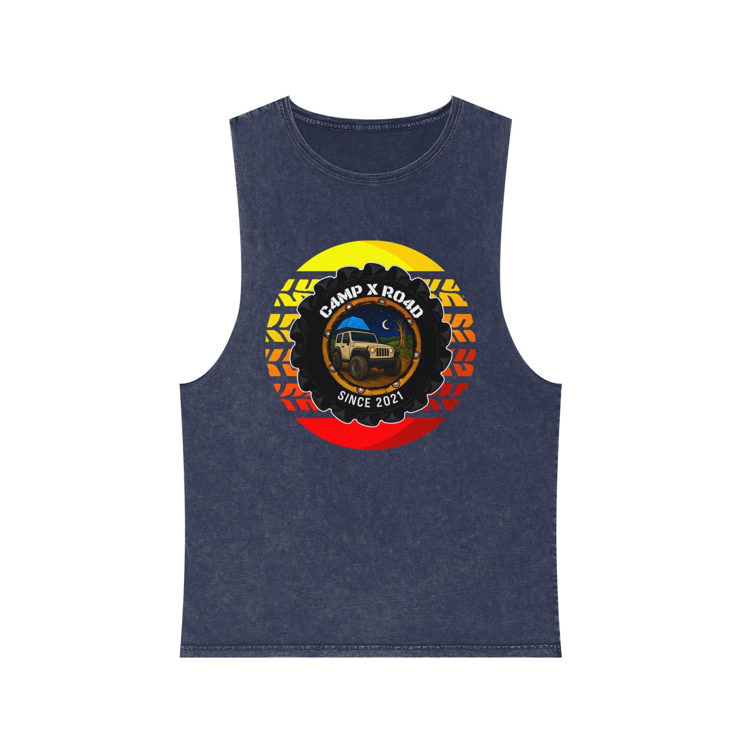 C4MPXRO4D Summer Camper Badge Tank Top | stonewash black, retro stencil logo