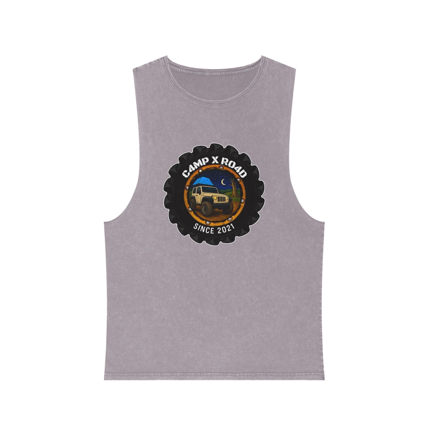 C4MPXRO4D Camper Badge Tank Top | stonewash black, retro stencil logo