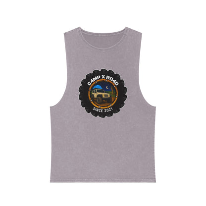 C4MPXRO4D Camper Badge Tank Top | stonewash black, retro stencil logo
