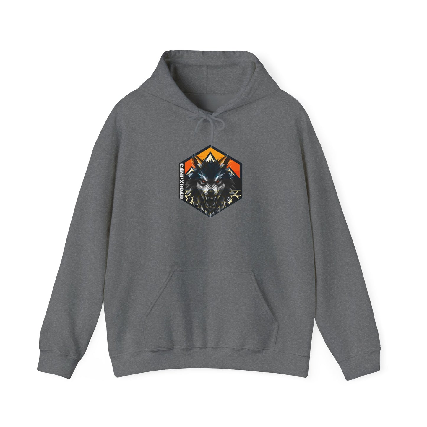C4MPXRO4D Wolf Shield Camper Badge Hoodie | Black streetwear graphic sweatshirt
