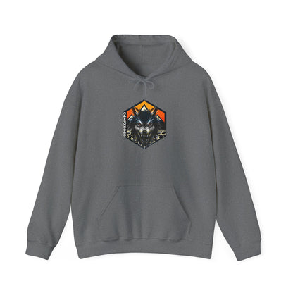 C4MPXRO4D Wolf Shield Camper Badge Hoodie | Black streetwear graphic sweatshirt