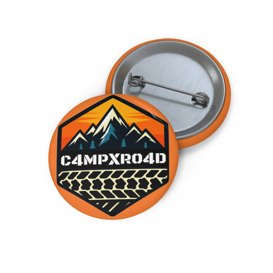 C4MPXRO4D Hexa Shield Camper Badge Pin Button | Custom Round Badge, Black Logo Button