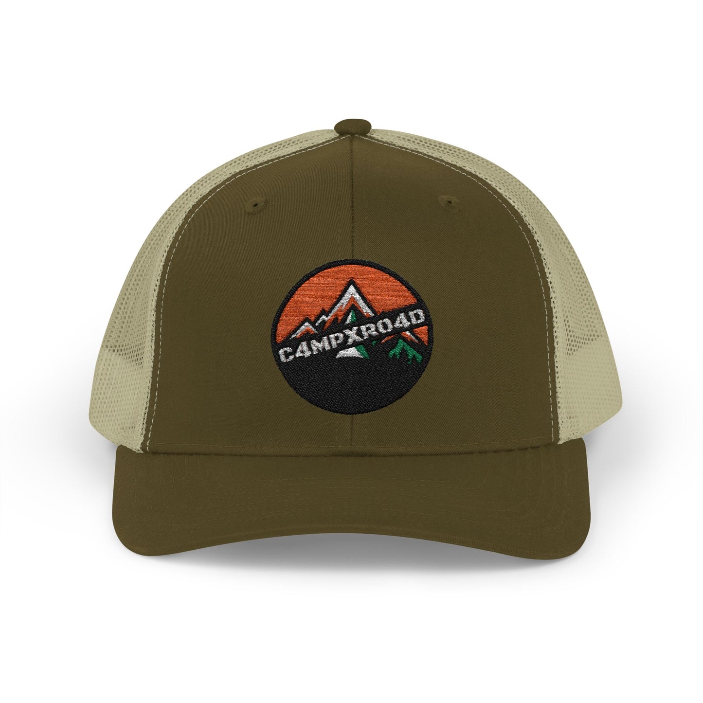 C4MPXRO4D Rounded Shield Camper Badge Cap | Trucker Snapback Mesh Hat